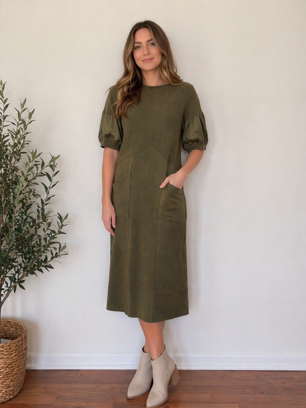 Made in Italy mixed media faux suede leather Olive Green Puff Sleeve Midi Dress